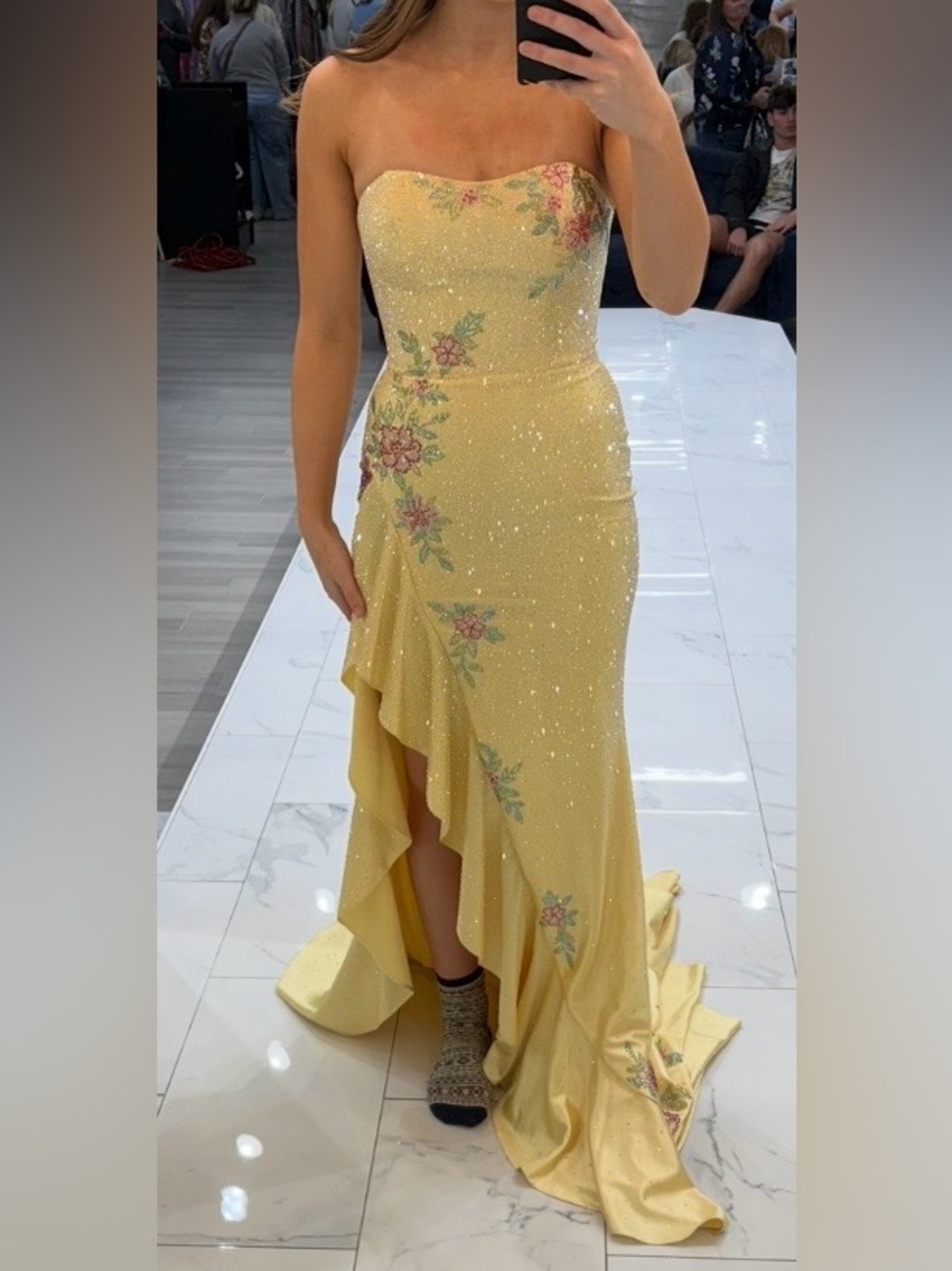 Sherri Hill Strapless Pale Yellow Sparkle Gown with Floral Appliqué